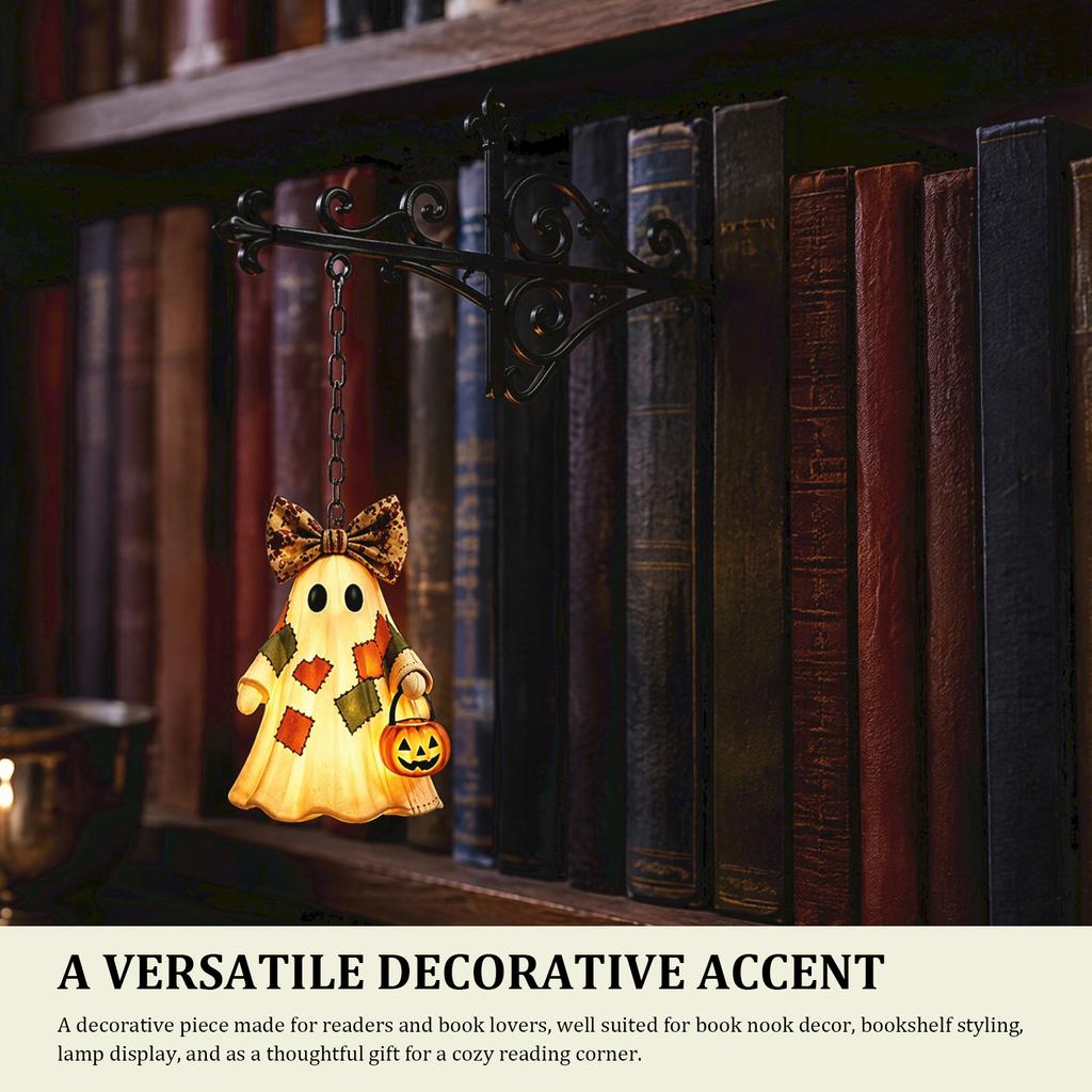 Halloween Library Lantern with Hanging Ghost&Pumpkin Vintage Bookshelf Lamp Gothic Metal Reading Lamp for Book Lovers Gift Ideal