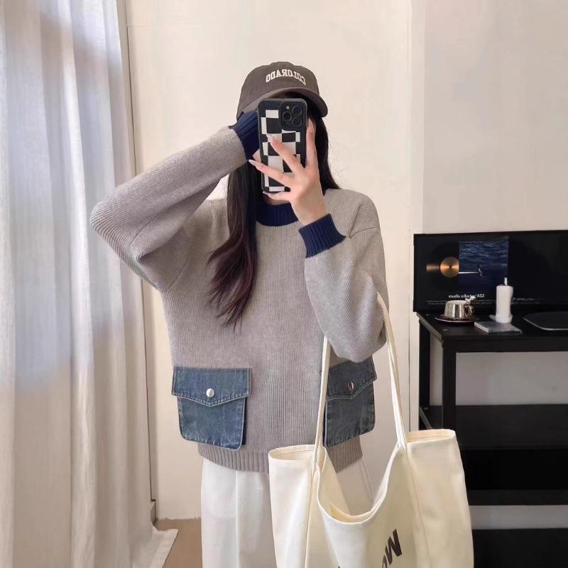 Autumn new contrasting color design sense splicing denim pocket knitted sweater top loose versatile sweater pullover women