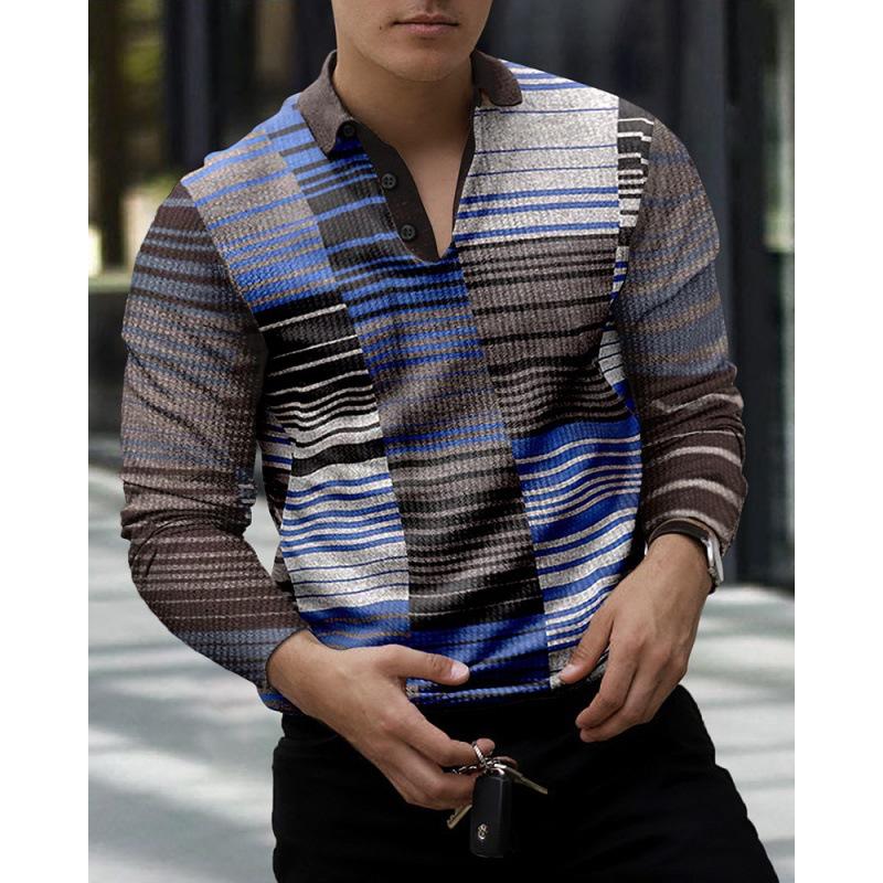 Music Piano Print Long Sleeve Polo, Trendy Casual Men's Top
