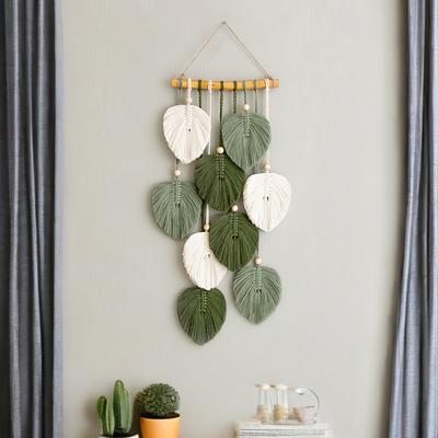 Bohemian Style Wall Hanging Tapestry Handwoven Green Leaf Design for Living Room Bedroom Office Background