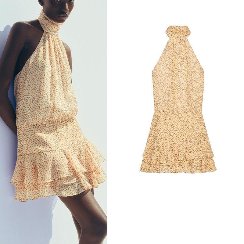 Summer New Product Women's Clothes French Open Back Lining Laminated Decoration Hanging Collar Print Dress 3156315