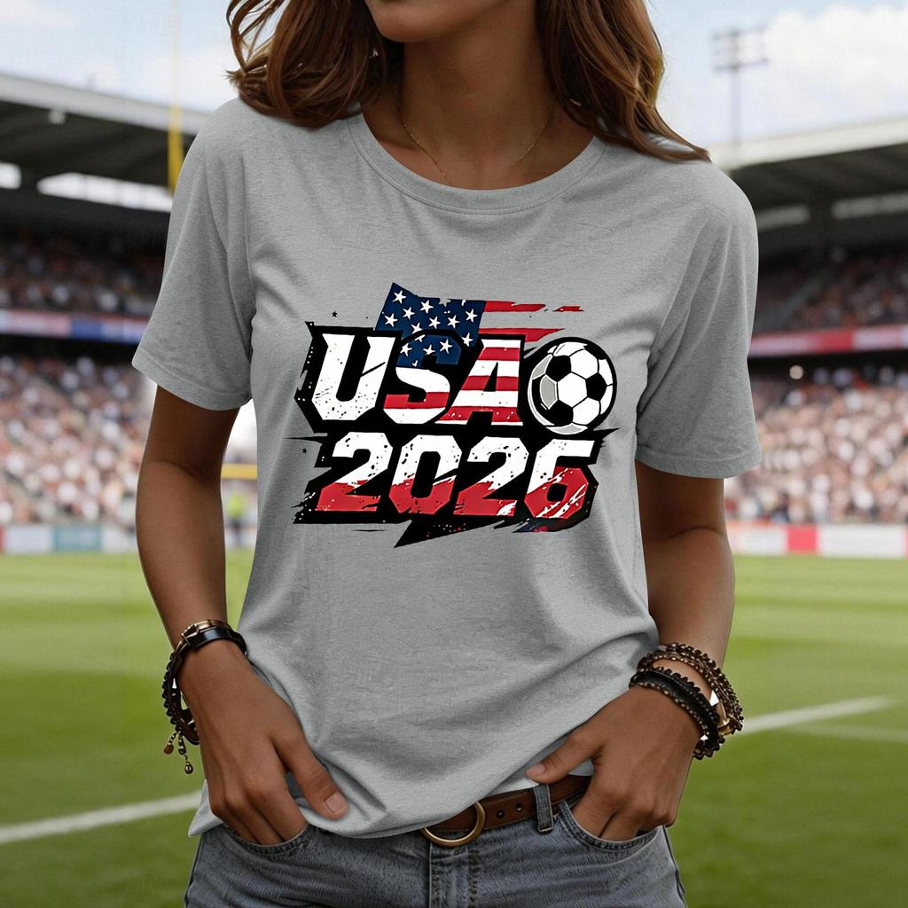 Women’s Short Sleeve Crewneck T Shirt with USA 2026 Graphic Print Soccer Ball Casual Loose Fit Top Tee