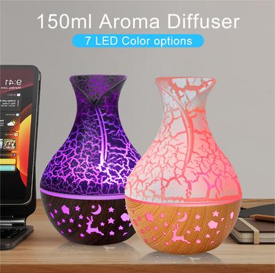 B 150ml USB  New Vase Air Humidifier, Hollow Wood Grain Aromatherapy Essential Oil Diffuser, 7-color LED Light