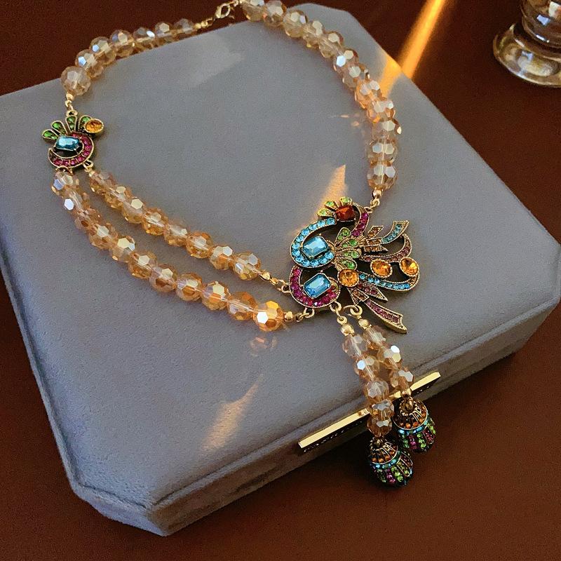 2025 Vintage Inlaid Rhinestone Jewelry Set for Women Silver Needle Peacock Flower Earrings Vintage Light Luxury Necklace for Wedding