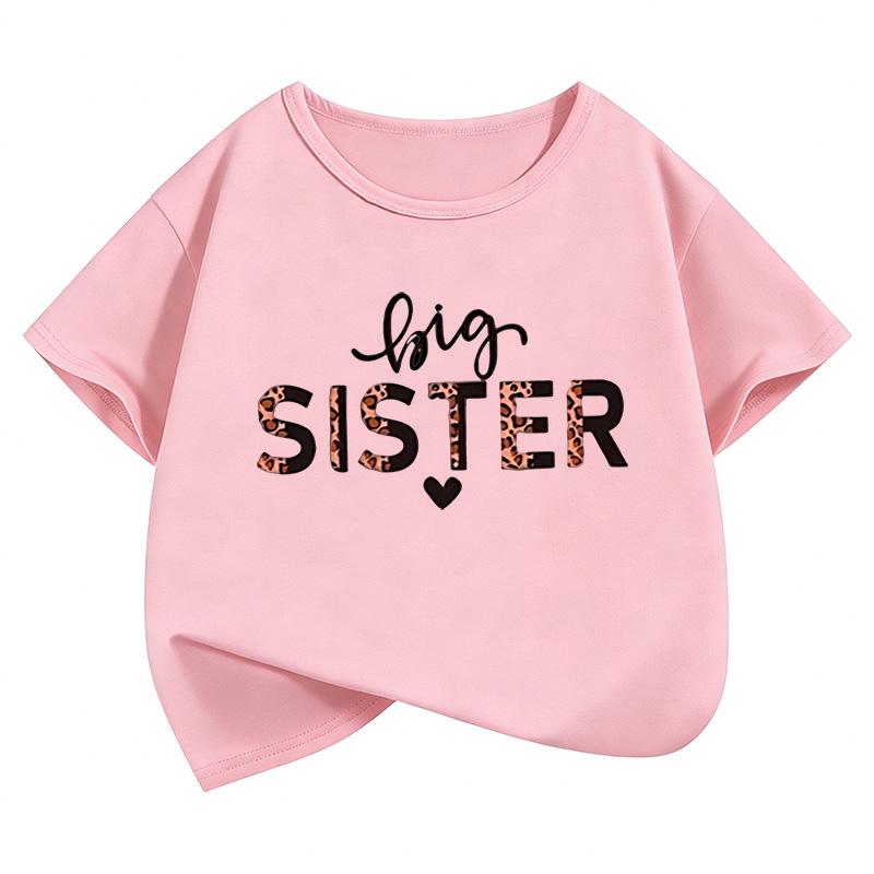 Fashion Big Sister Leopard Print T Shirts Short Sleeve Kids Childrens Tshirt Girls Summer Spring Casual Top Tee Shirt