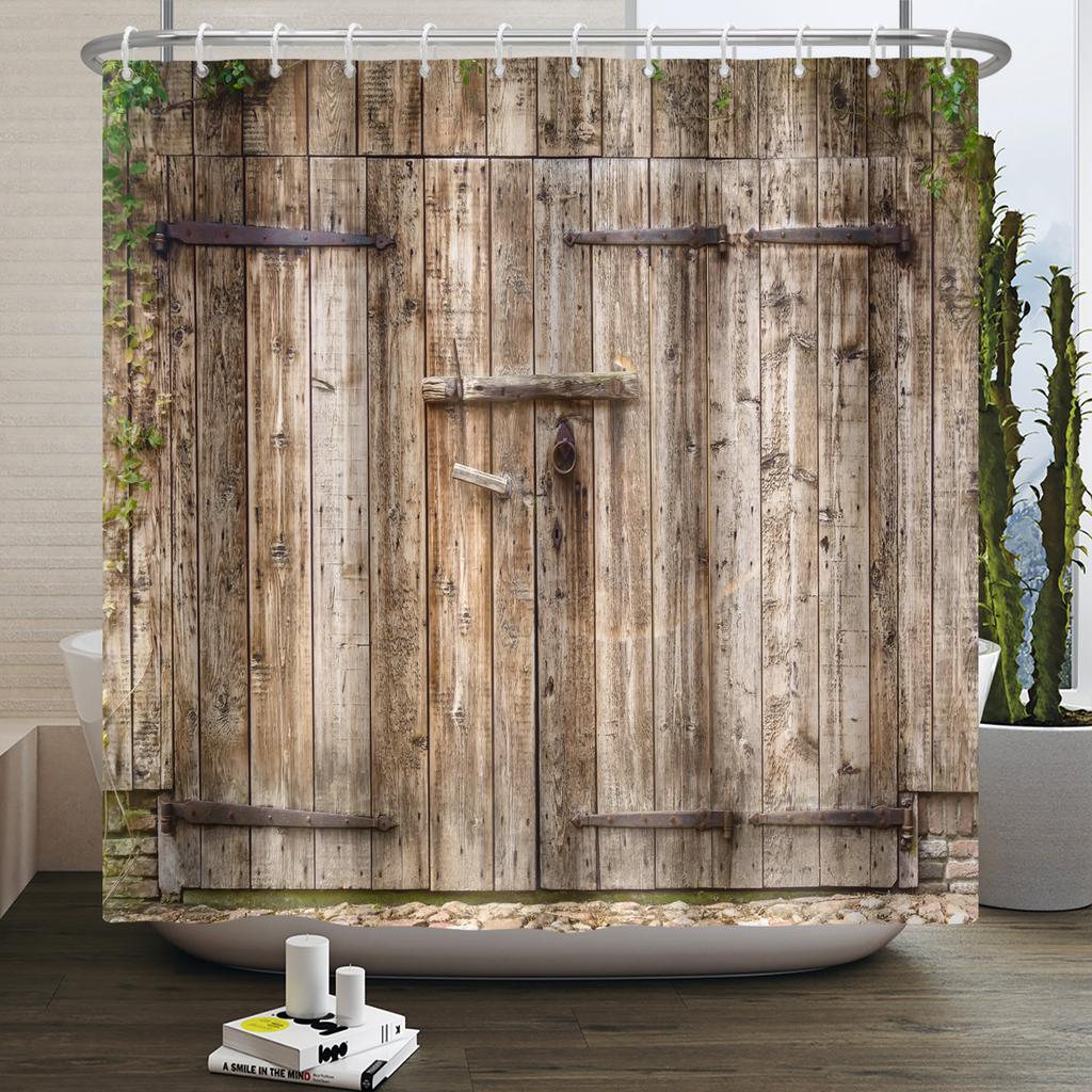 Retro Wood Door Shower Curtain Farmhouse Country Vintage Farm Barn Wooden Waterproof Polyester Shower Curtain for Bathroom Decor