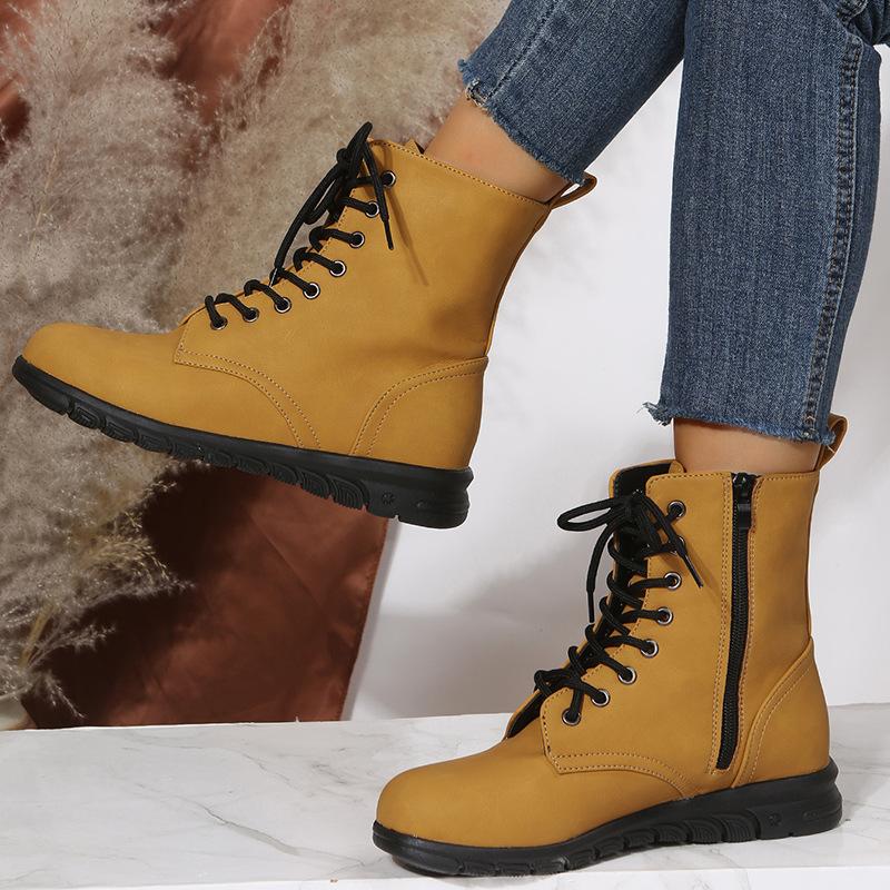 European American Leather Boots 2024 Spring Autumn New Collection Solid Color Large Size Simple Slope Heel Sports Women's Boots