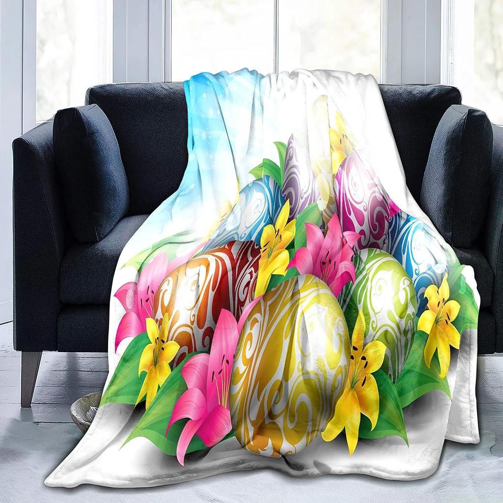 Easter Eggs Flannel Throw Blanket Colourful Eggs Pattern Easter Gifts Blanket King Queen Size for Bed Sofa Couch Lightweight