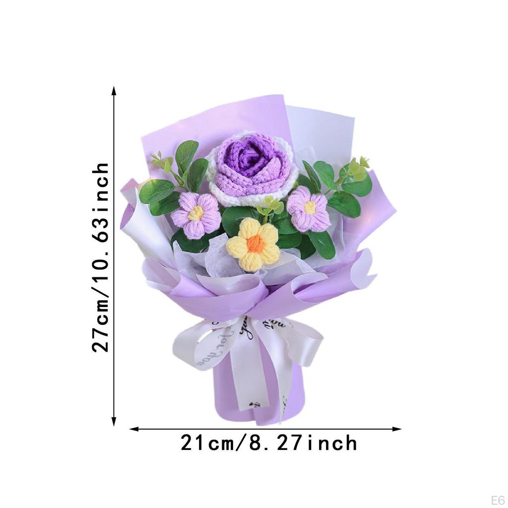 Completed Crochet Flower Bouquet Artificial Eucalyptus Leaves Ornament Handmade Knitted for