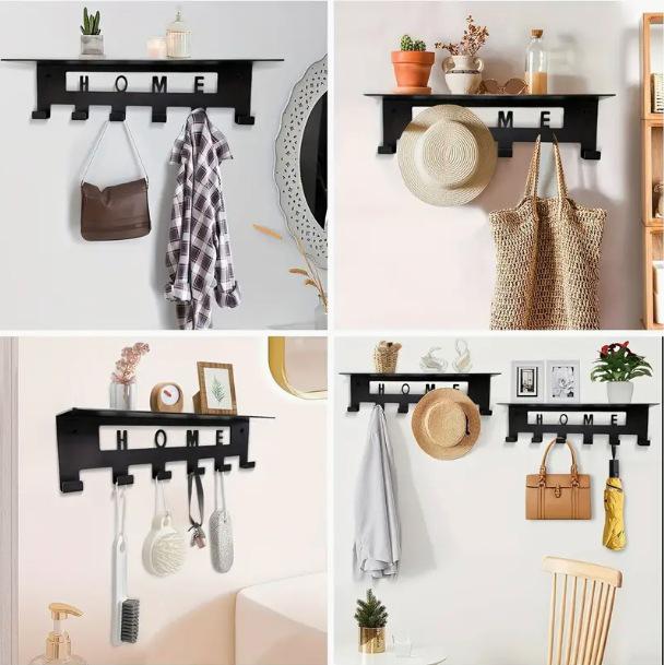 Wandmontierte schwarze Metall-Garderobe mit Regal und 6 Haken