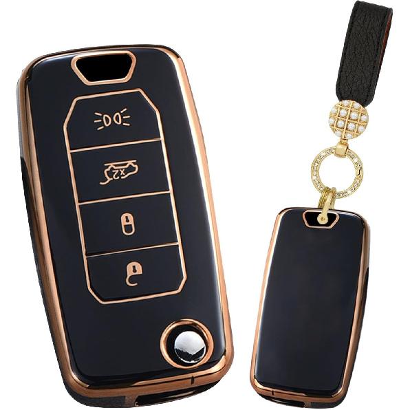 

TPU Key Fob Cover Fit for Jeep Renegade 2015-2020 Flip Remote Car Key Case Key Bag Key Holder with Keychain Round Pearl Keychain-blac