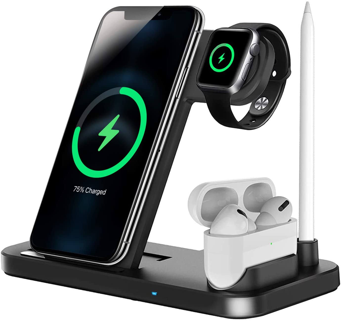 

Бездротова зарядна станція Швидкий зарядний пристрій 4 в 1 для Apple Watch 8/7/6/se/5 Airpods 3/2 Pencil для Iphone 14 13 12 Pro 11 Xs Xr X 8 4 in 1-EU Plug чорний