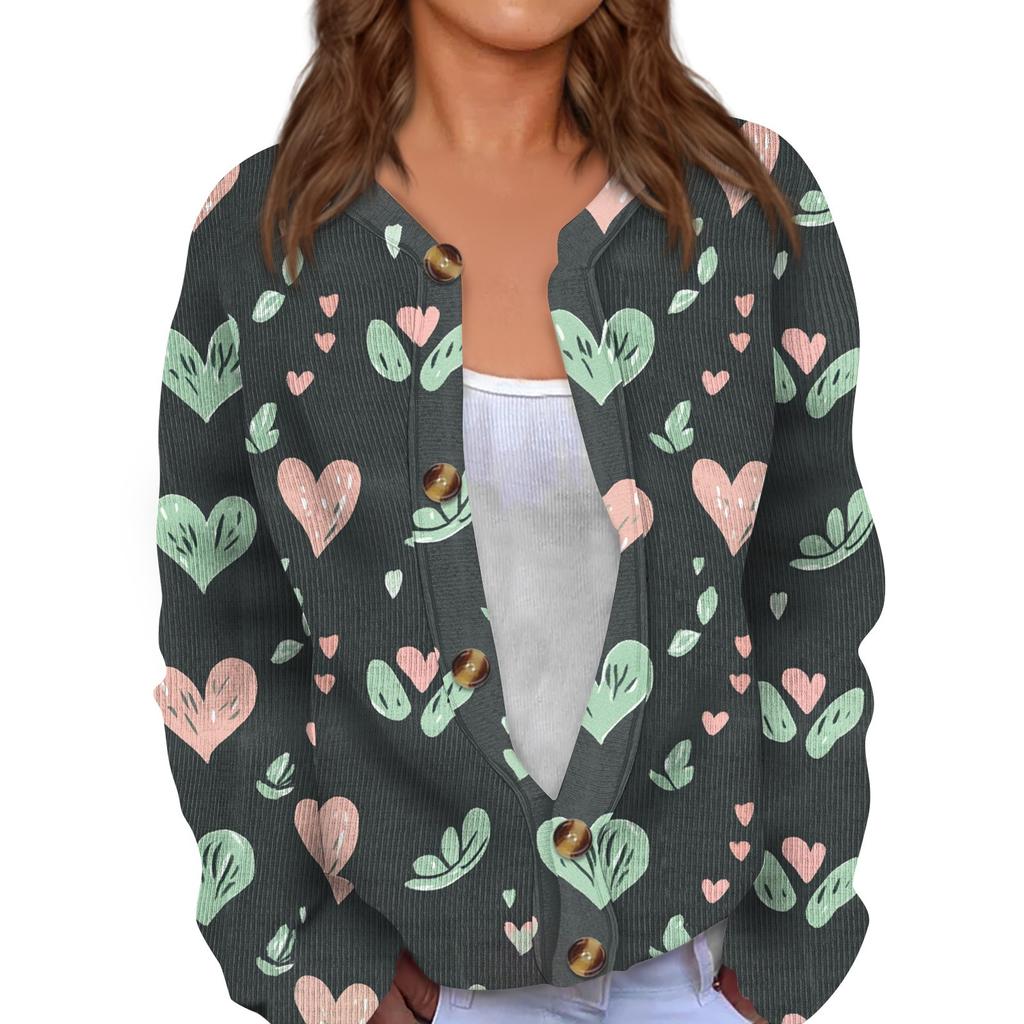 Kvinners Valentine's Day Print Langermet strikket Cardigan Button Jacket