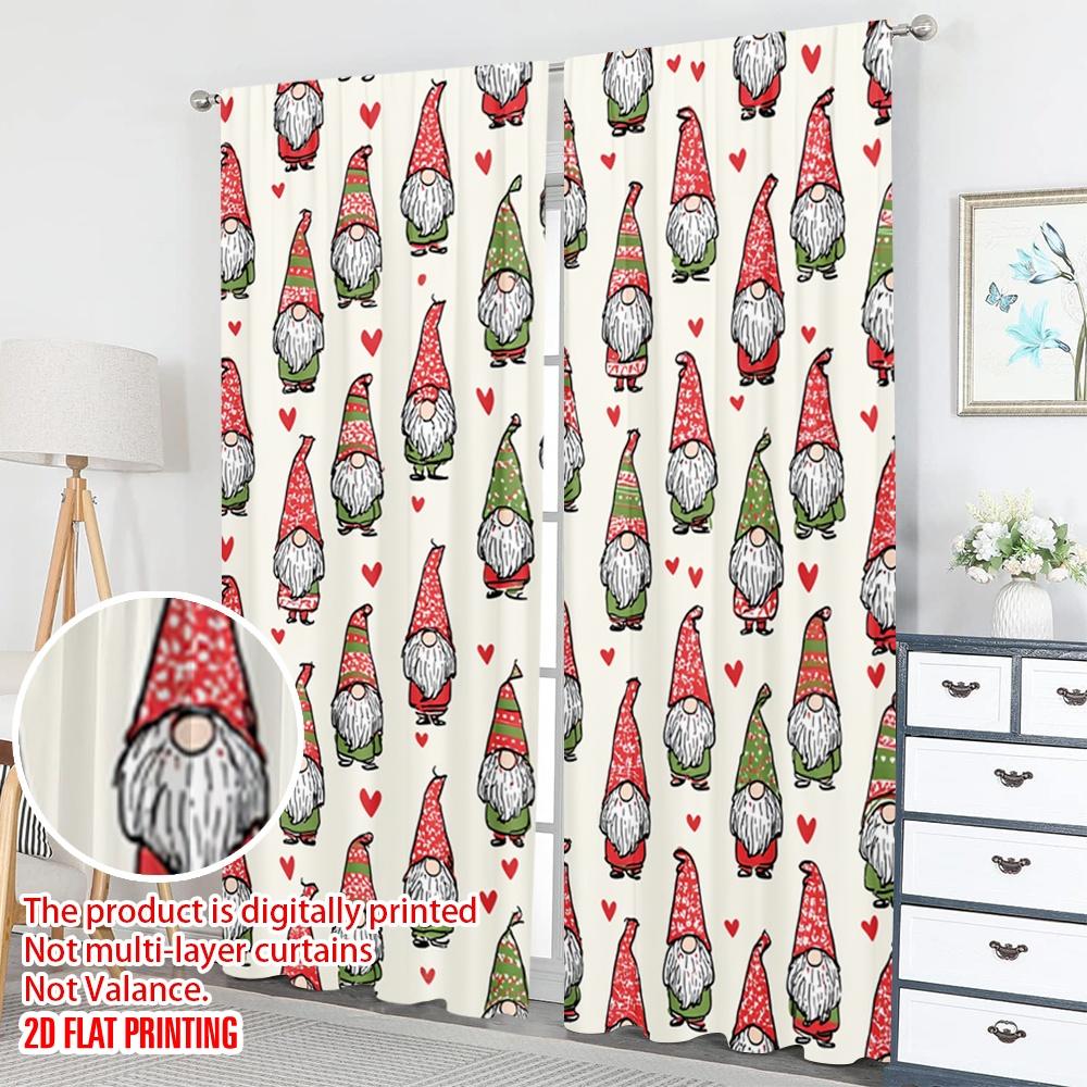 Set Of 2 Flat Printing Fashionable Christmas Curtains Gnomes Hearts Digital Printed Polyester Drapes Festive Curtain