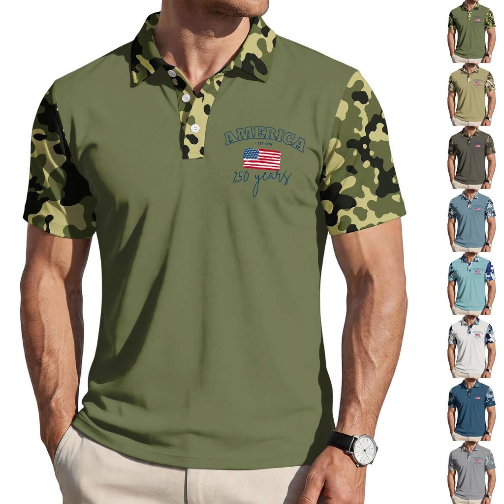 Men's Loose Fit Casual Polo Shirt Short Sleeve Flag Print Button Down Collar Lightweight Breathable Fabric Summer Top
