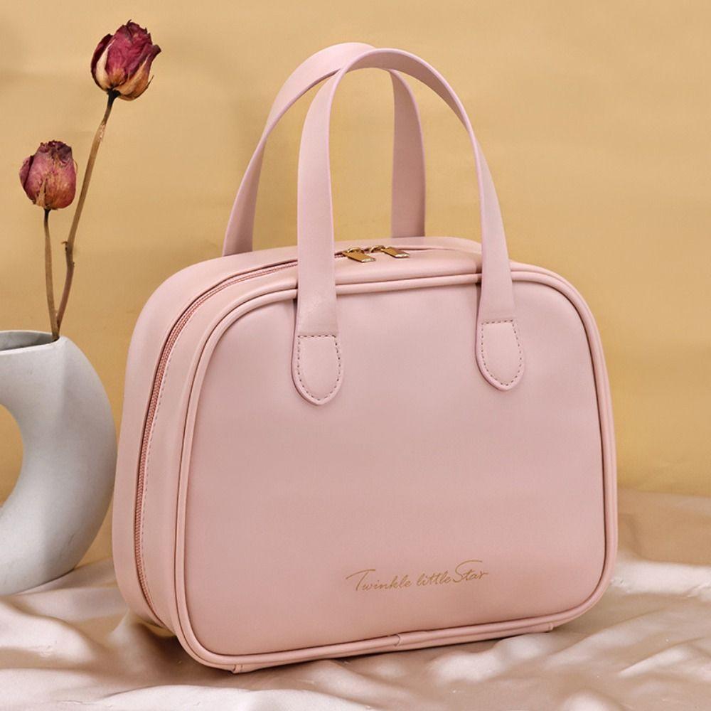 

Waterproof Makeup Pouch Bag Large Capacity Travel Wash Bag Elegant PU Leather Cosmetic Bag Travel розовый