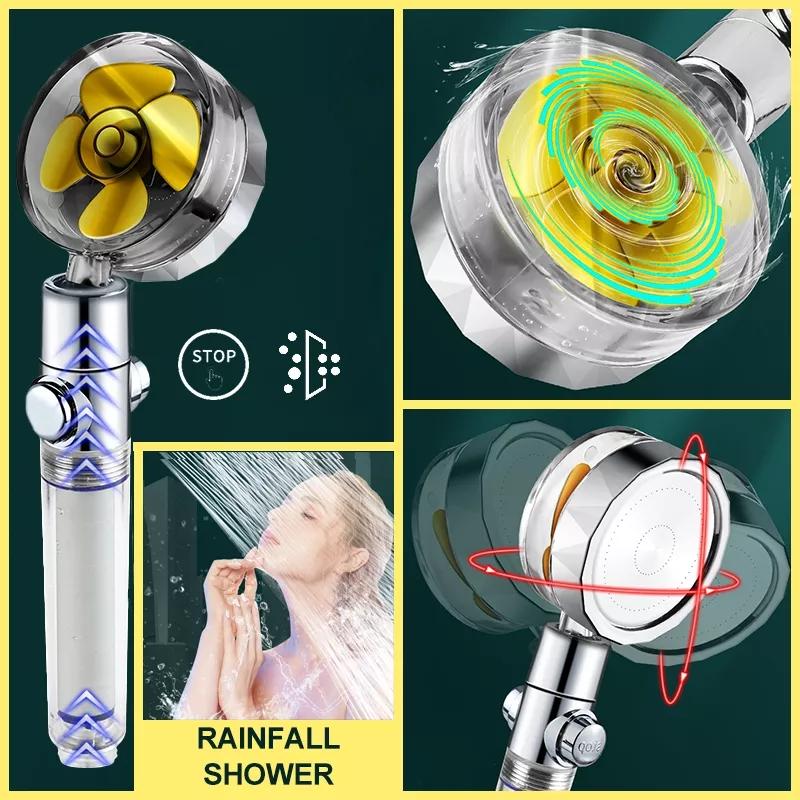 Shower Head Water Saving Flow 360° Rotating W/Fan ABS High Pressure Spray Nozzle