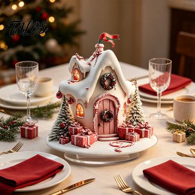 Colorful Acrylic Christmas Crafts Winter Tree Cottage Table Decoration, Double Sided Xmas Cabin Ornament Fairy Tale Igloo Decor with Stable