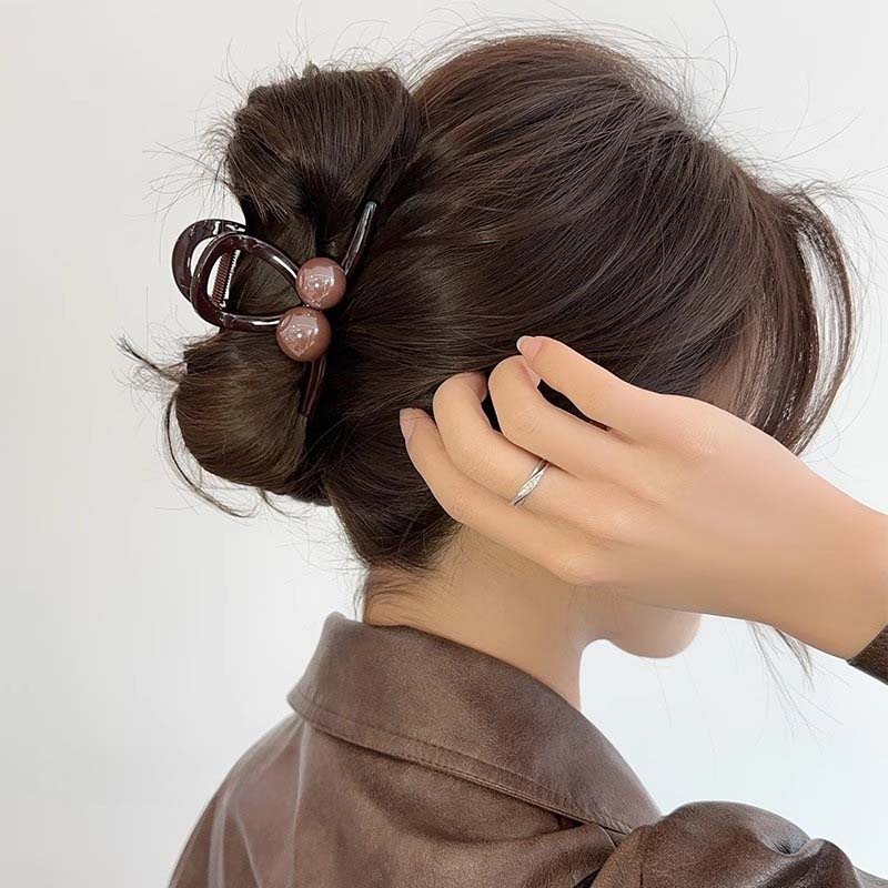 Pince à Cheveux Ronde Perles Café Vintage pour Femmes Filles Clip Requin en Plastique Exquis Grande Pince à Cheveux Headwear Bijoux Accessoires