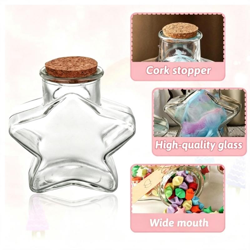 Decorative Glass Bottles With Cork Stopper Clear Glass Jar in Five-Point Form with Wood Cap,Display Bottle for Sand Candy and Paper Bits in Shelf or