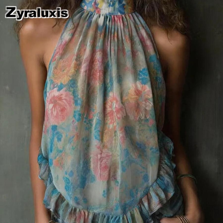 New Summer Women s Floral Printed Chiffon V-Neck Suspender Top with Leaf Edge Sleeveless Backless Camisole S