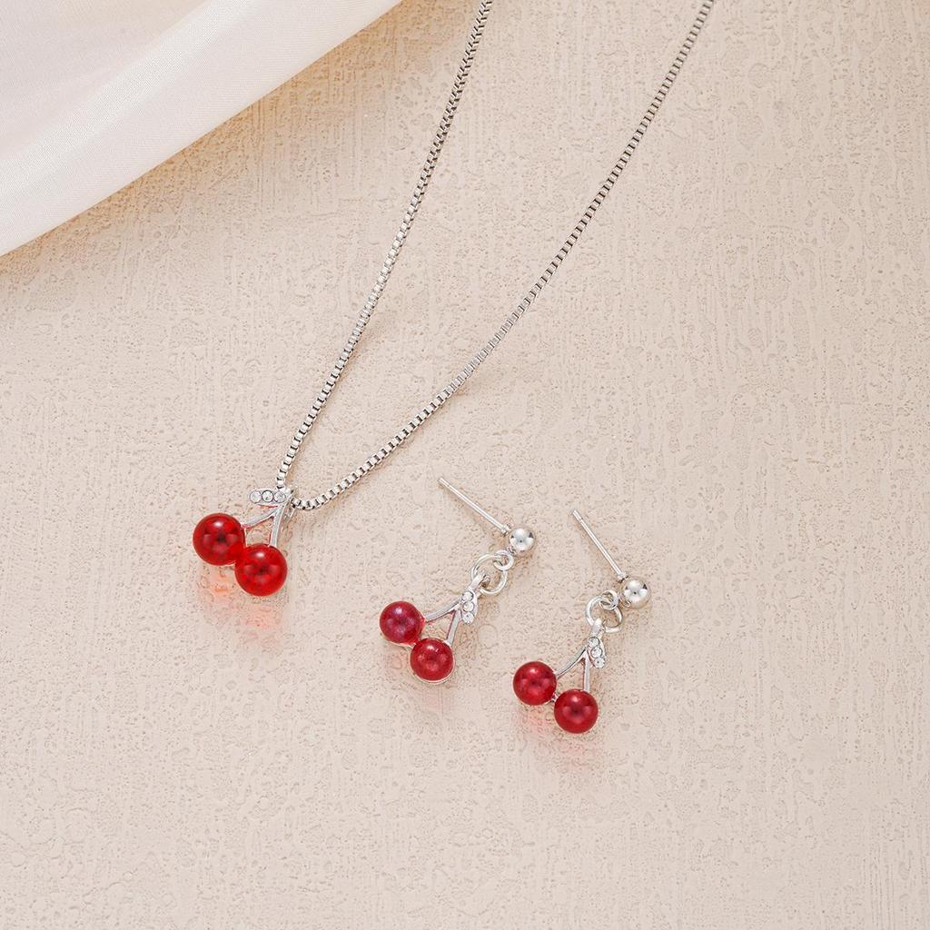 Chic Sweet Cherry Necklace & Earrings Set for Women - Fresh, Simple, and Versatile European-American Jewelry