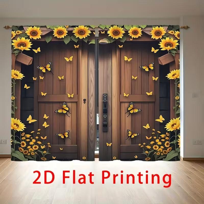 2 Pcs Wooden door sunflower print curtains,suitable for bedroom,living room kitchen decoration,home decoration,window decoration