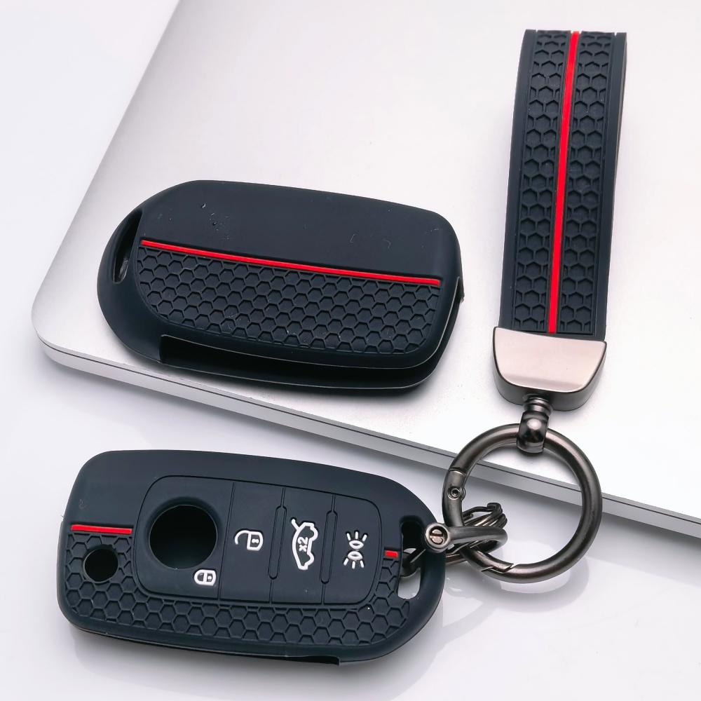 Silicone Key Fob Cover with Keychain for 4-button Flip Remote, Anti-Scratch & Anti-Drop Protective Case for Jeep Renegade Compass for Fiat 500X Toro