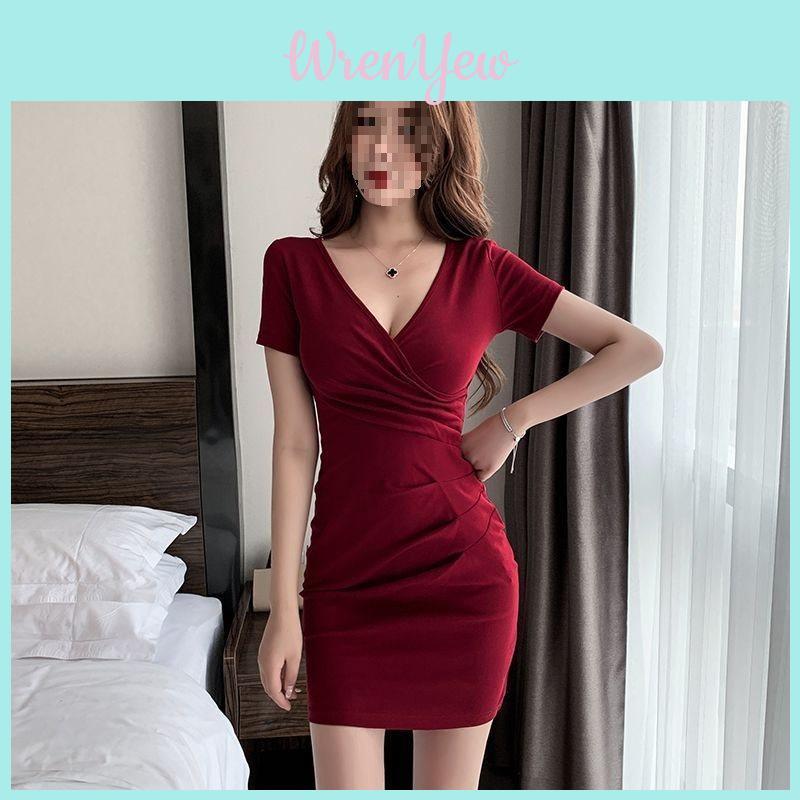 Dressy Knit Fabric Vneck Short Sleeve Bodycon Summer Dress For Women