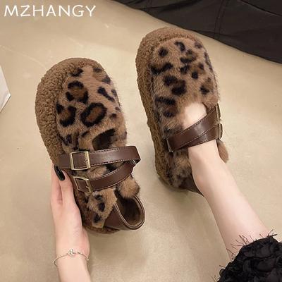 Women Fur Leopard Cotton Shoes Flats Shallow Casual Shoes Woman 2025 Trend Fashion New Snow Boots Winter Cozy Mujer Snow Botas