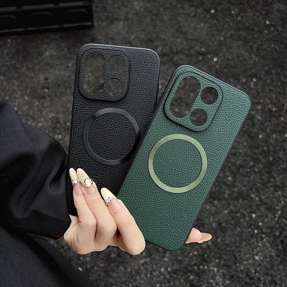 With Magsafe Magnetic Plain Leather Lychee Case For One Plus 15 13s 13T 13R 13 Ace 5 OnePlus Nord 5 4 CE 5 Camera protect Cover
