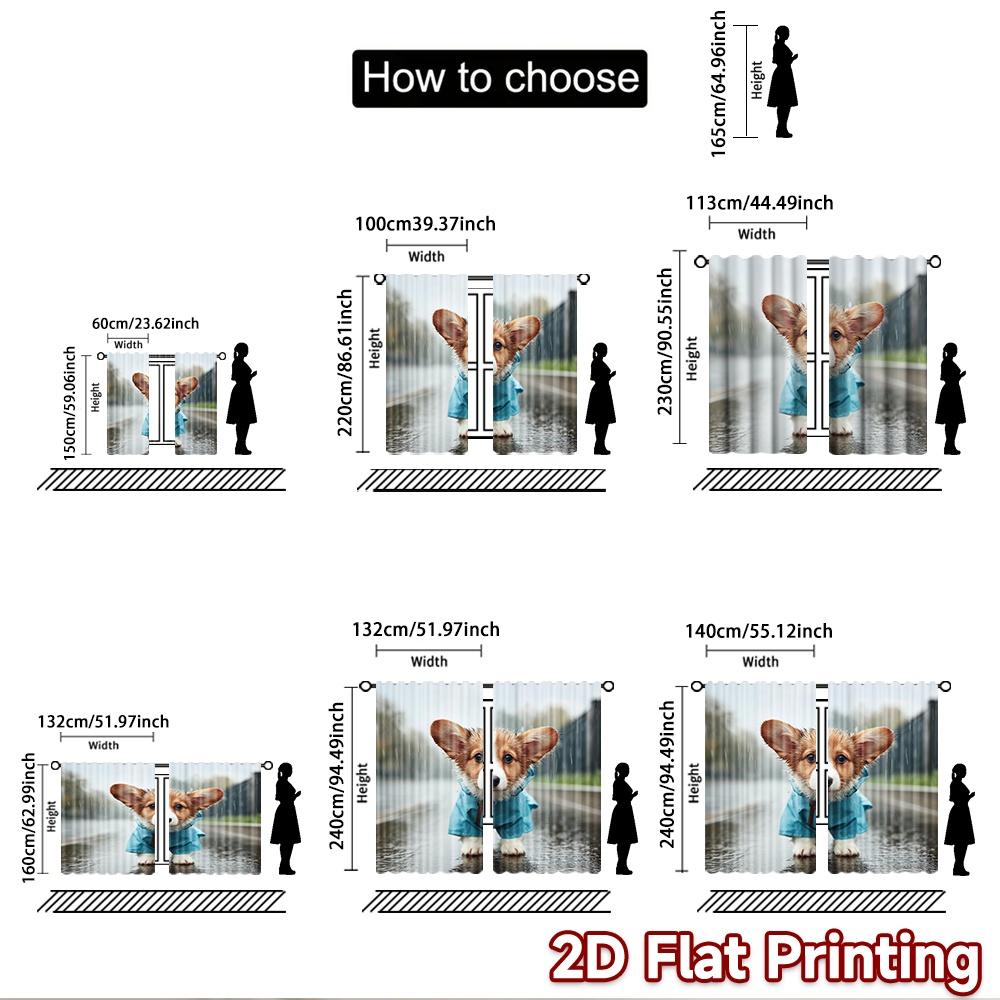 2D flat printing 2pcs Curtains Cute Corgi Dog Raincoat Digital Printed Polyester Drapes Family Party for living room decor for