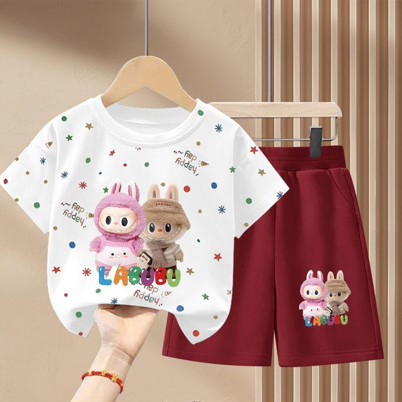 

Комплект з чистої бавовни з коротким рукавом для дівчаток Labubu Літній дитячий модний комплект-двійка 90