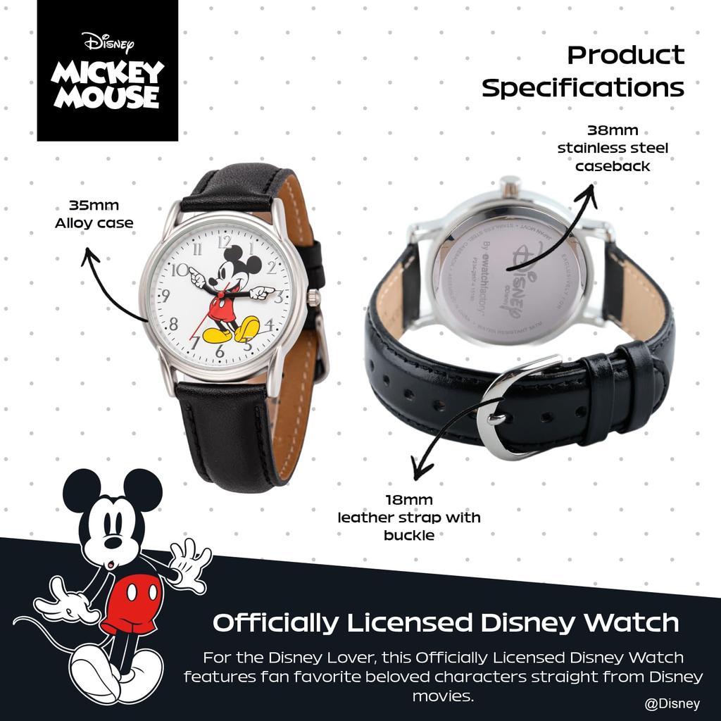 Disney Mickey Mouse Adult Classic Cardiff Articulating Hands Analog Quartz Watch with Leather Strap, Black, Mickey Cardiff Watch 2 - Silver CaseBlack
