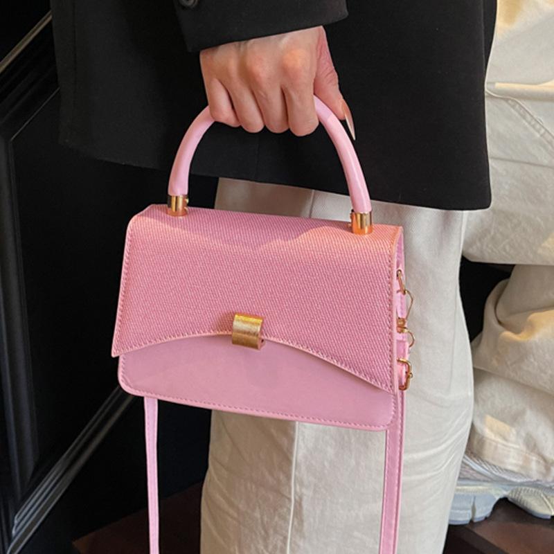 Fashion Contrasting Color Simple Lock Handbag Women's 2025 New Spring Texture Popular Small Square Bag Shoulder Messenger Bag