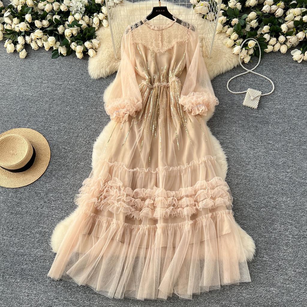 High-end Women's Dress 2025 Sequined Embroidered Three-dimensional Lace Mesh Long-sleeved Waist Dress Skirt