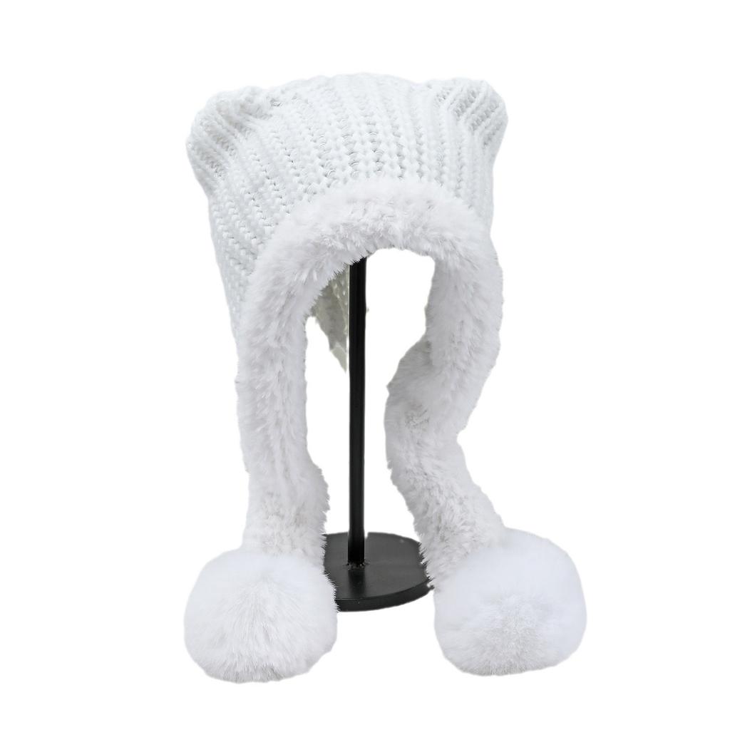 The New Autumn and Winter Cat Ear Double Tail and Two Wool Knitted Cap Is Windproof Ear Protecting  Warm Fashionable  Versatile and Cute Woolen Cap