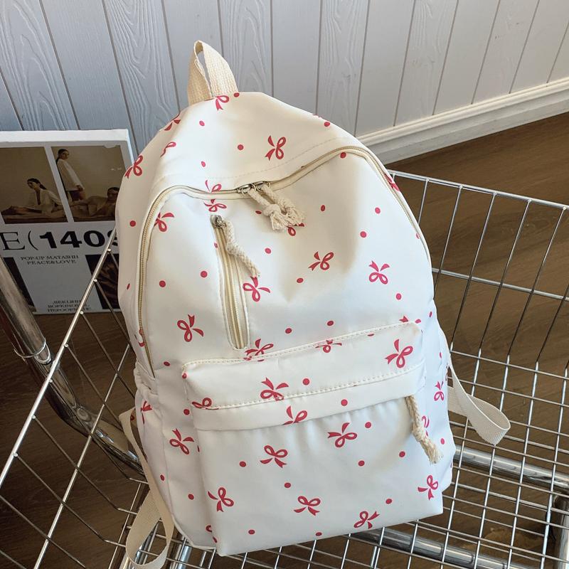 Back To School Season Playful Bow Print Backpack Quilted Multi-Pocket Adjustable Straps Large Capacity Backpack for Daily Use