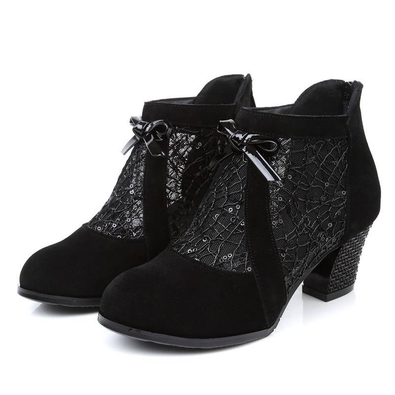 GKTINOO Rhinestones Gauze Sandals Summer New Mesh Boots Genuine Leather Women's Shoes Hollow Boots Large Size 40-42