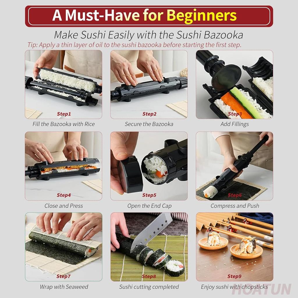 Sushi Making Kit, Sushi Making Mold for Beginners, Professional Home Sushi Maker, Sushi Rolling Machine with Sushi Roller Bazooka, Sushi Mat,