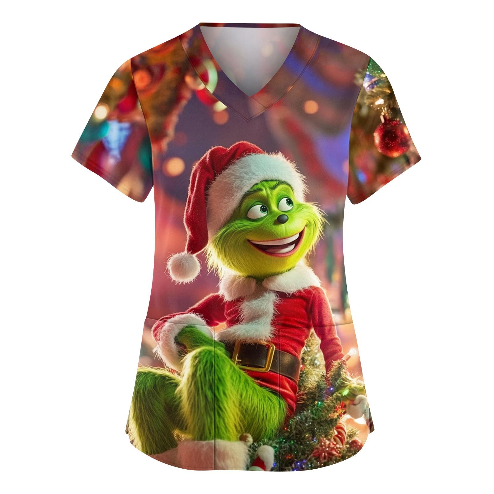 

Женский модный рабочий топ с V-образным вырезом, рождественским принтом, короткими рукавами, карманом, боковым разрезом, базовый пуловер M