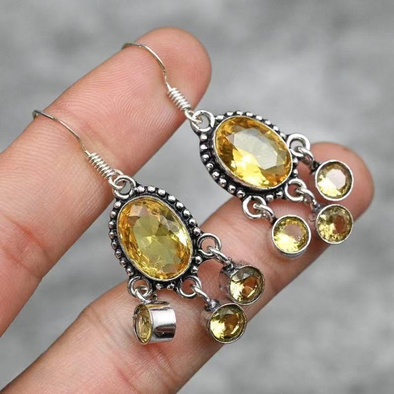 Vintage Round Inlaid Yellow Stone Earrings Geometric Creativity Silver Color Dangle Women's Earrings Jewelry