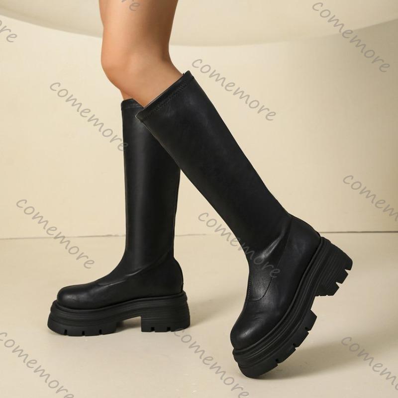 Comemore Kniehohe Stiefel für Damen Schwarz Plateau 2025 Herbst Neu Lange Ritterstiefel Klobige Hohe Absätze Botas Schuhe Damen
