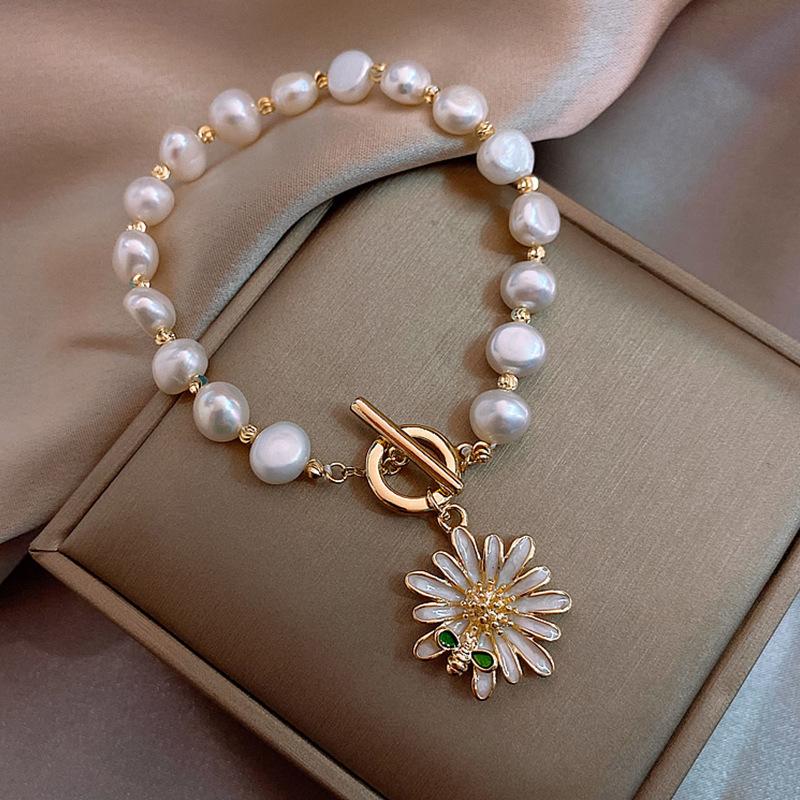 Sweet Honeybee & Chrysanthemum Natural Freshwater Baroque Pearl 14K Gold Filled Female Charm Bracelet  For Women Gifts