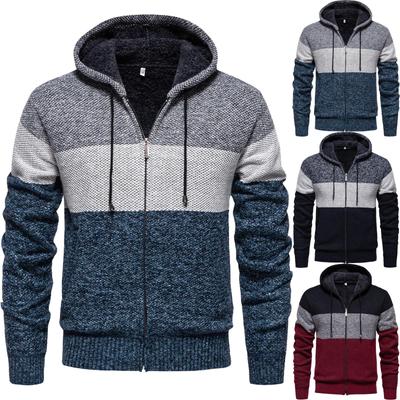 Herren Colorblock-Pullover mit dickem Samt, lässiger Strickpullover, modische Kapuzenjacke für Herren