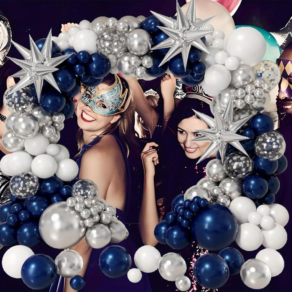 131pcs Navy Blue Silver and White Balloon Garland Arch Kit for Winter, Birthday, Anniversary, Graduation Ceremony Decoration