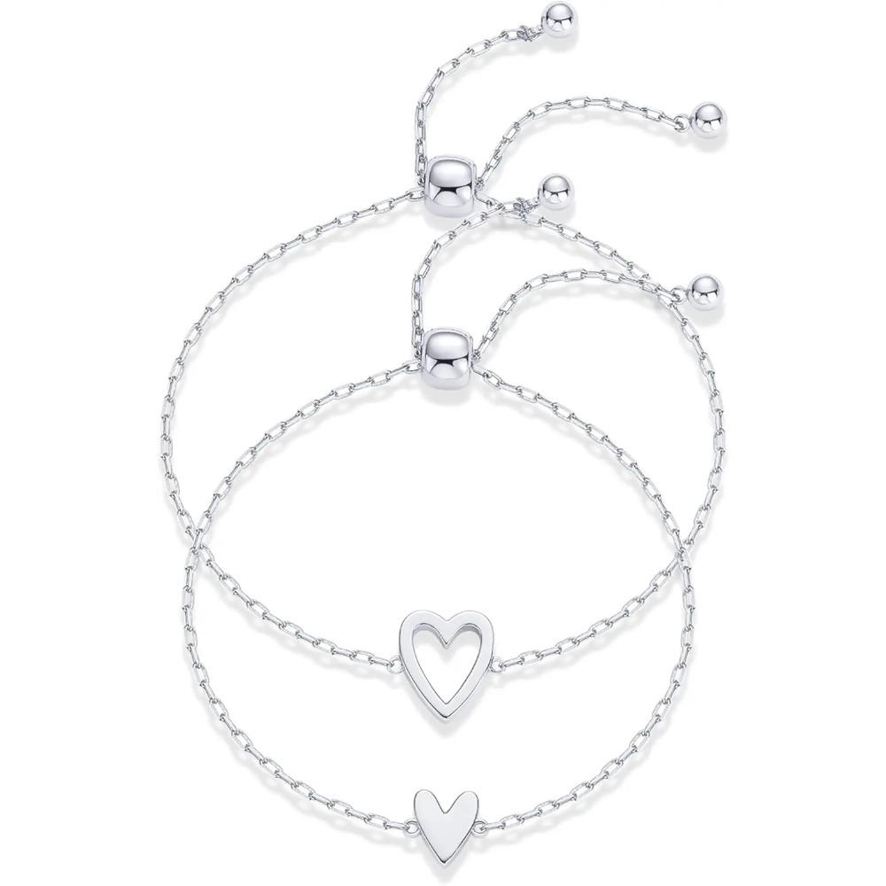 14K Gold Plated Stainless Steel Matching Heart Charms Solitaire Bracelet Set for Women Best Friend Adjustable Love Friendship