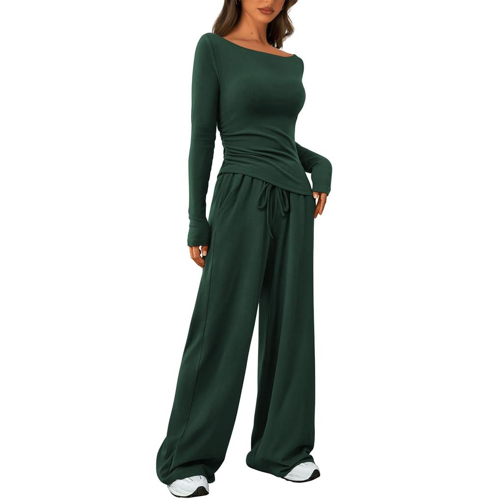 Women's Fashion Color Long Sleeve Casual Wide Leg Pants Two Piece Set
