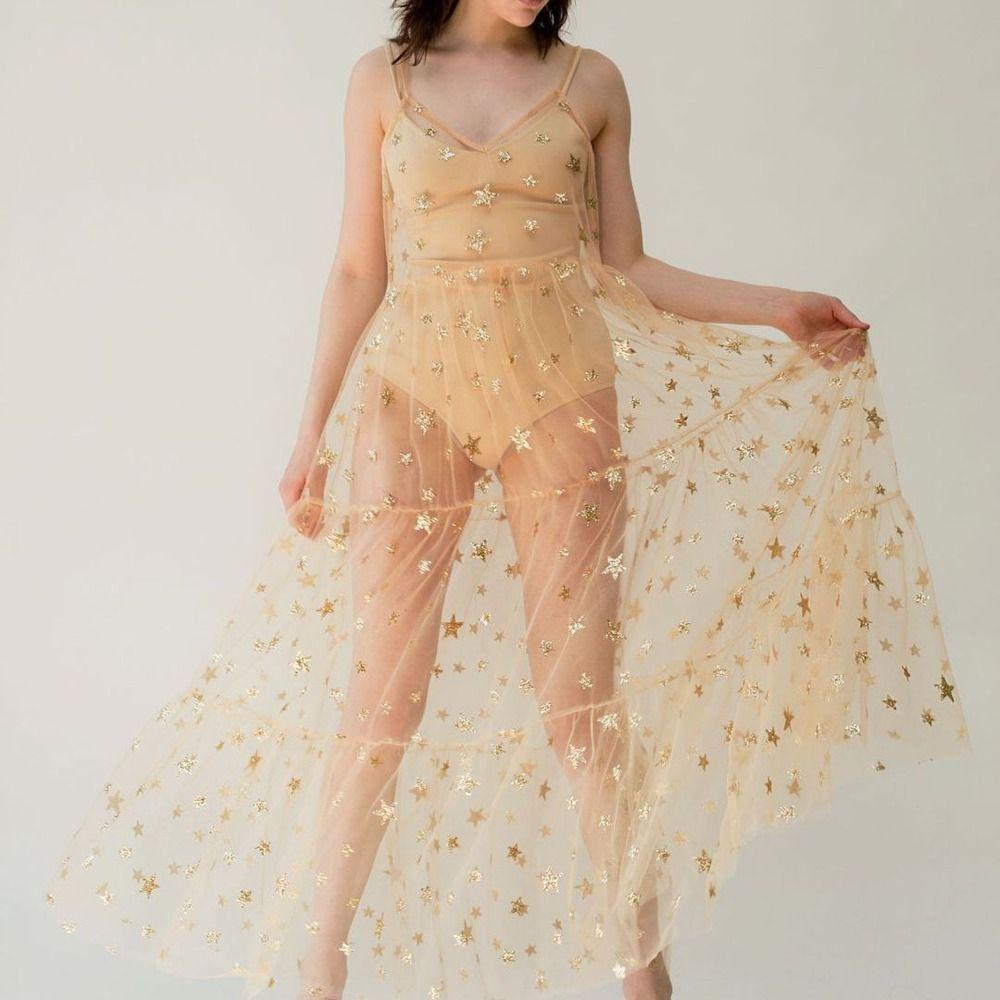 Dress Bling Bling Dress Lace Women Cover Up Spaghetti Straps Summer Tulle Dress V-Neck Sling Dress