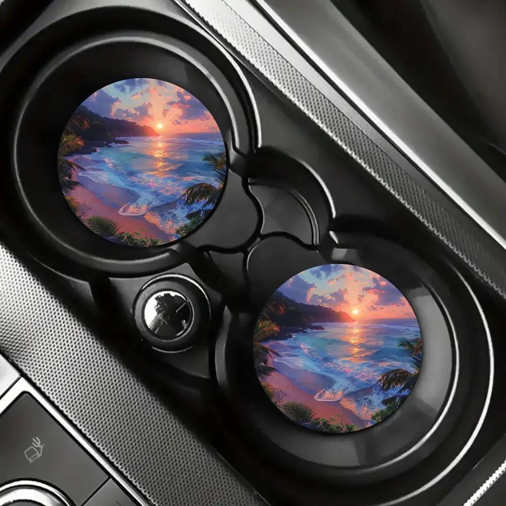 2-Pack Tropical Beach Sunset Car Cup Holder - Non-Slip Spill-Proof Mat with Palm Tree and Wave Design, Durable EVA Drink Tray with Black Center Cap